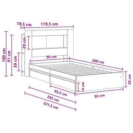 Sengestel med opbevaring Grå Sonoma 90 x 200 cm Konstrueret træ