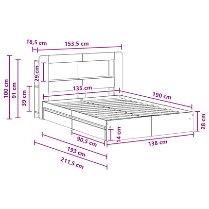 Sengestel med opbevaring Betongrå 135 x 190 cm Konstrueret træ