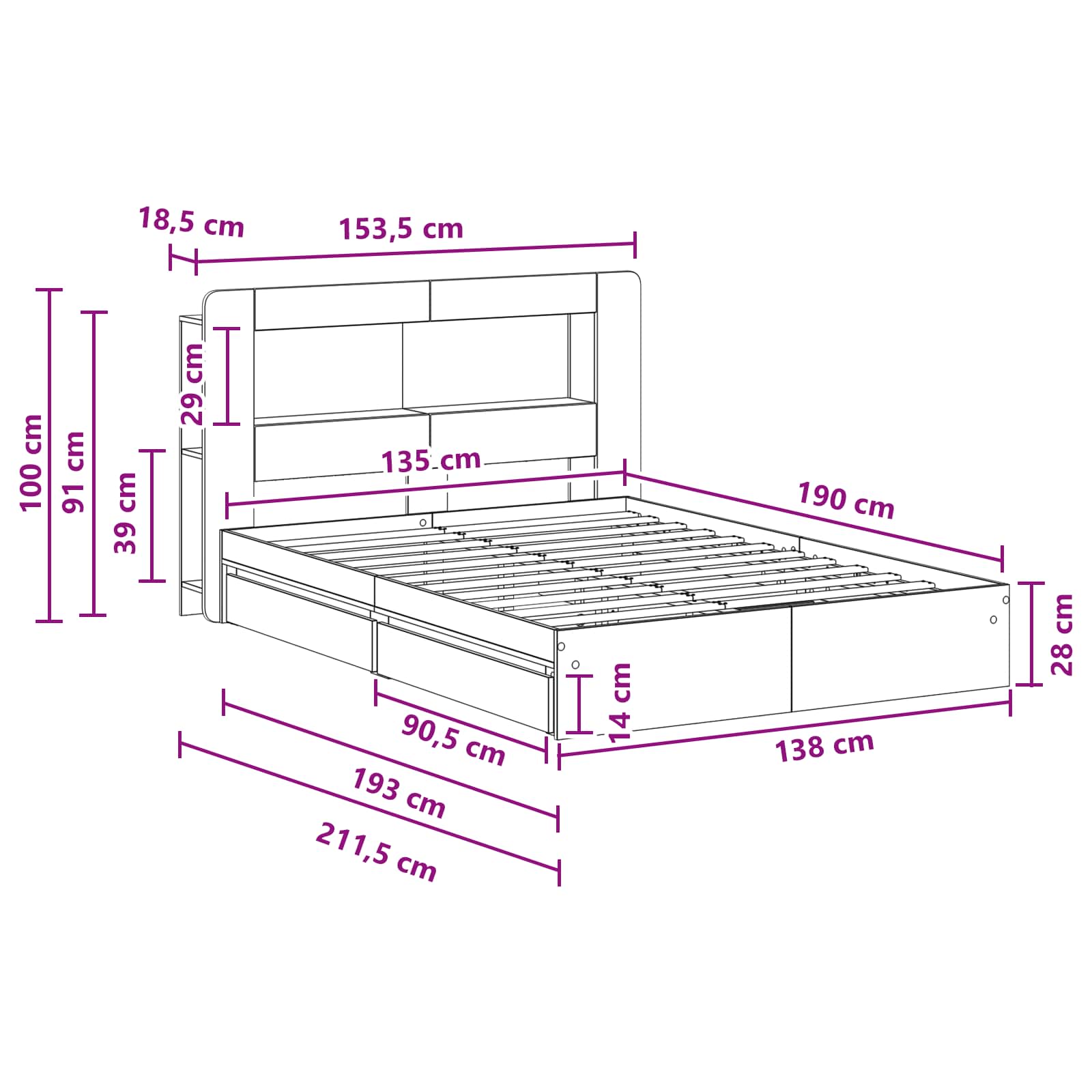 Sengestel med opbevaring Røget eg 135 x 190 cm Konstrueret træ