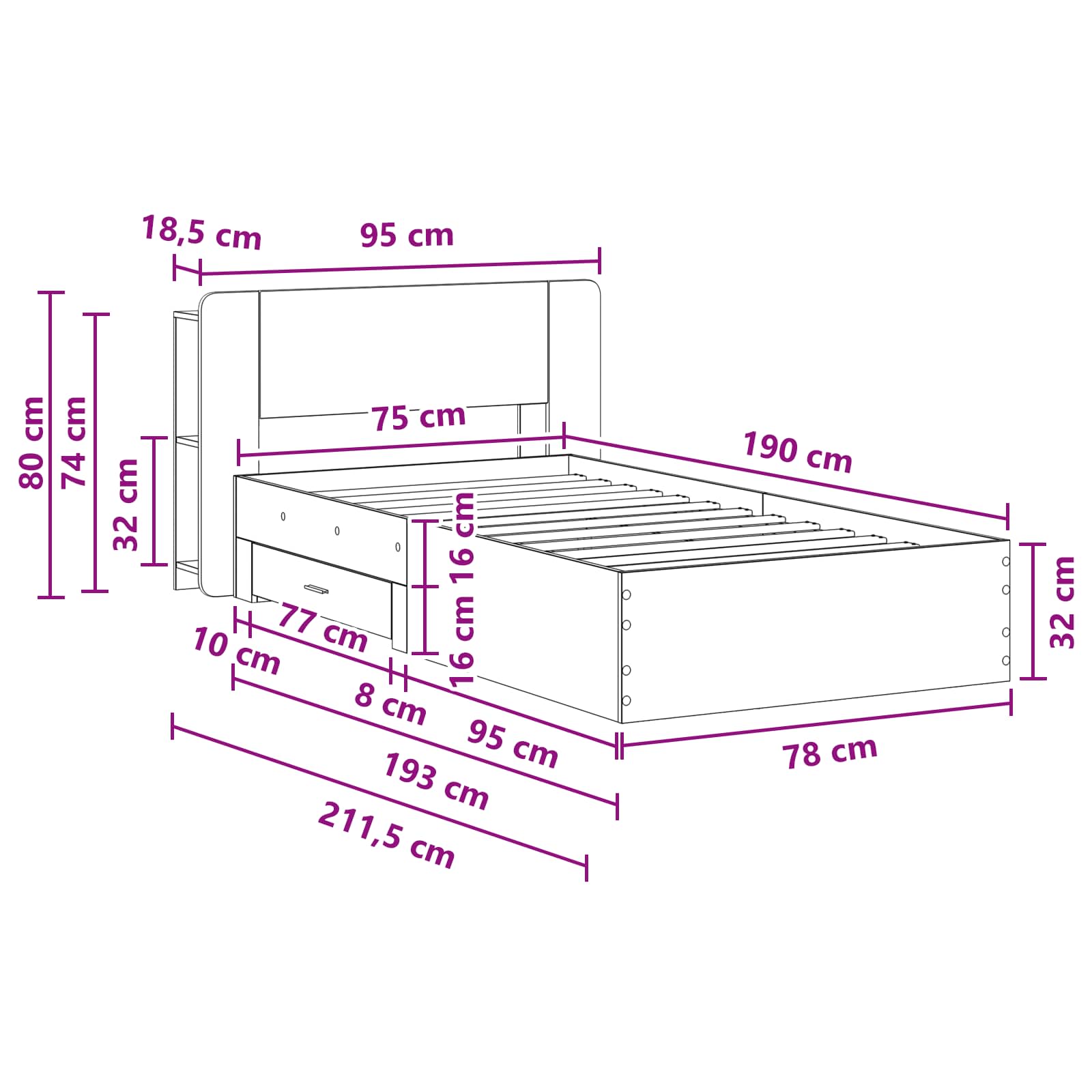 Sengestel med opbevaring Sonoma-eg 75 x 190 cm Konstrueret træ