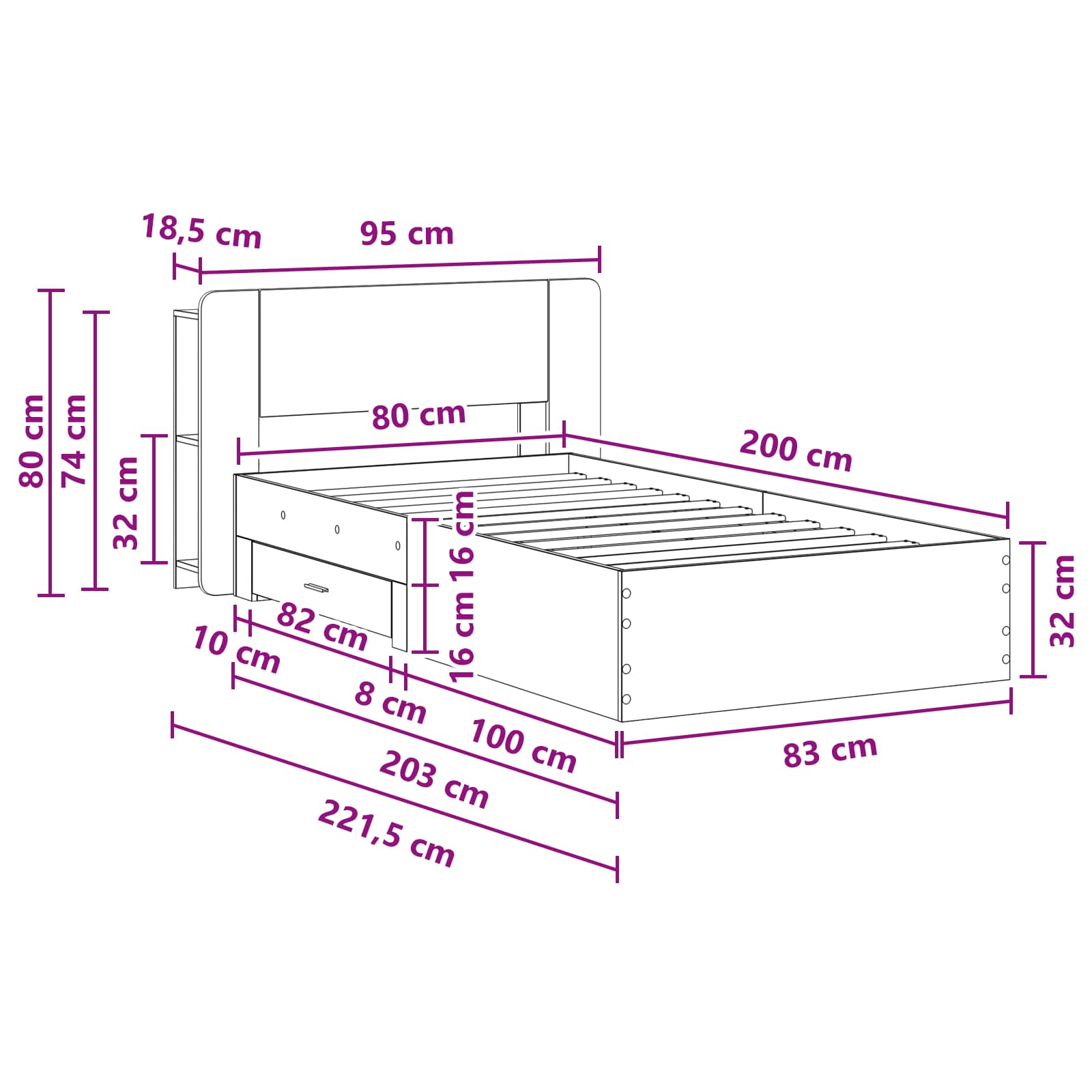 Sengestel med opbevaring Artisan-eg 80 x 200 cm Konstrueret træ