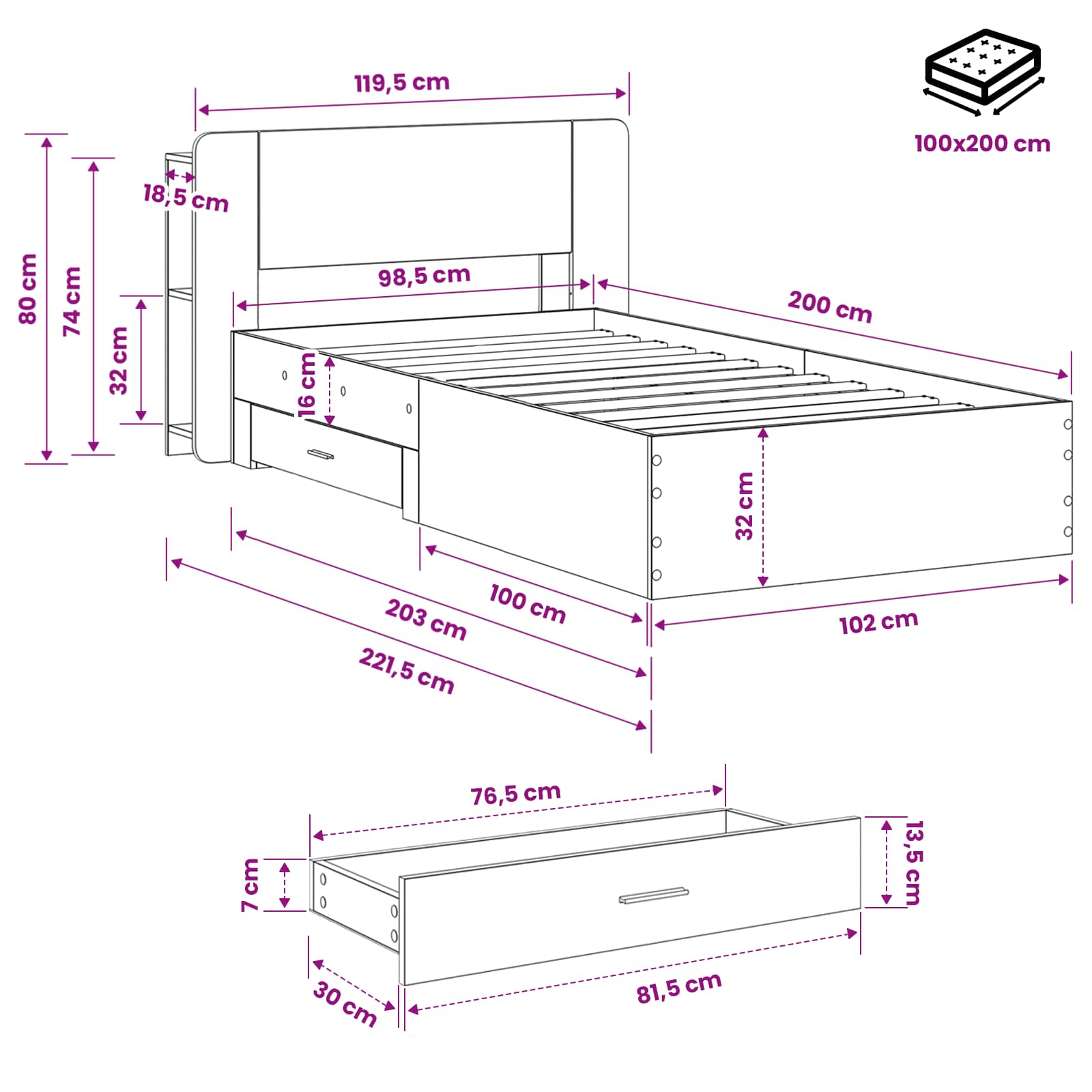 Sengestel med opbevaring Gammelt træ 100 x 200 cm