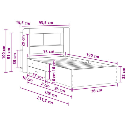 Sengestel med opbevaring Sonoma-eg 75 x 190 cm Konstrueret træ