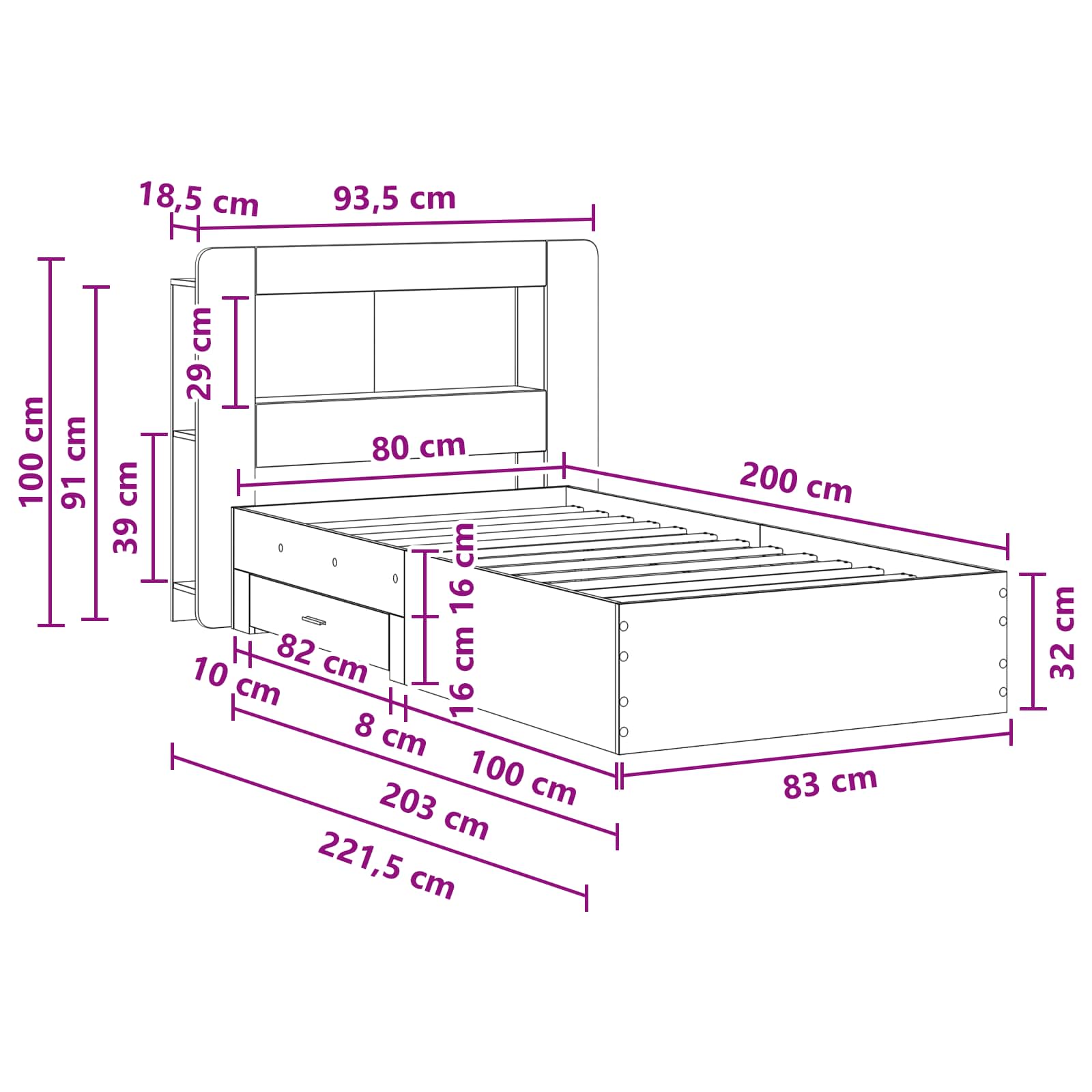 Sengestel med opbevaring Sonoma-eg 80 x 200 cm Konstrueret træ