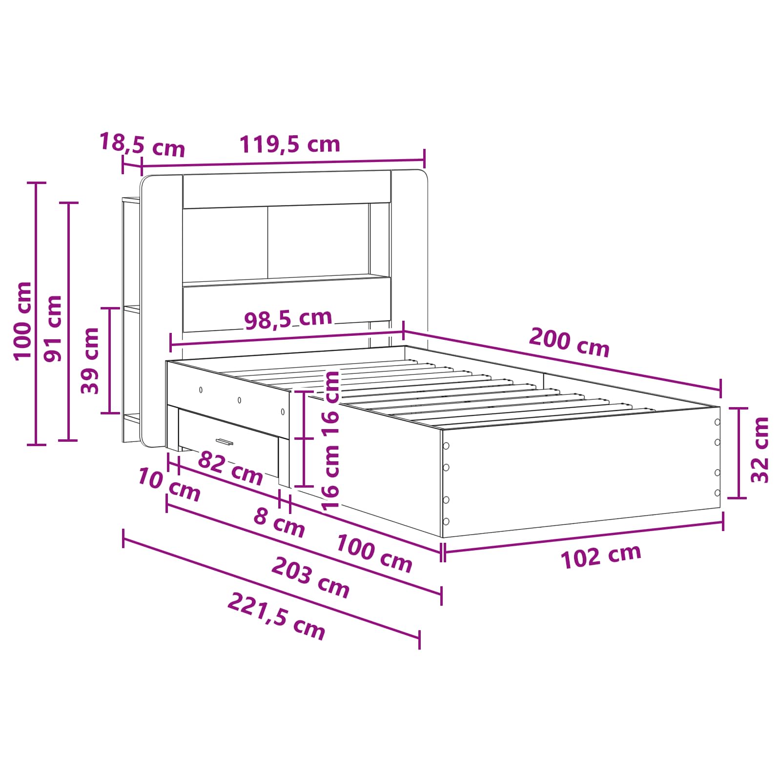 Sengestel med opbevaring Røget eg 100 x 200 cm Konstrueret træ