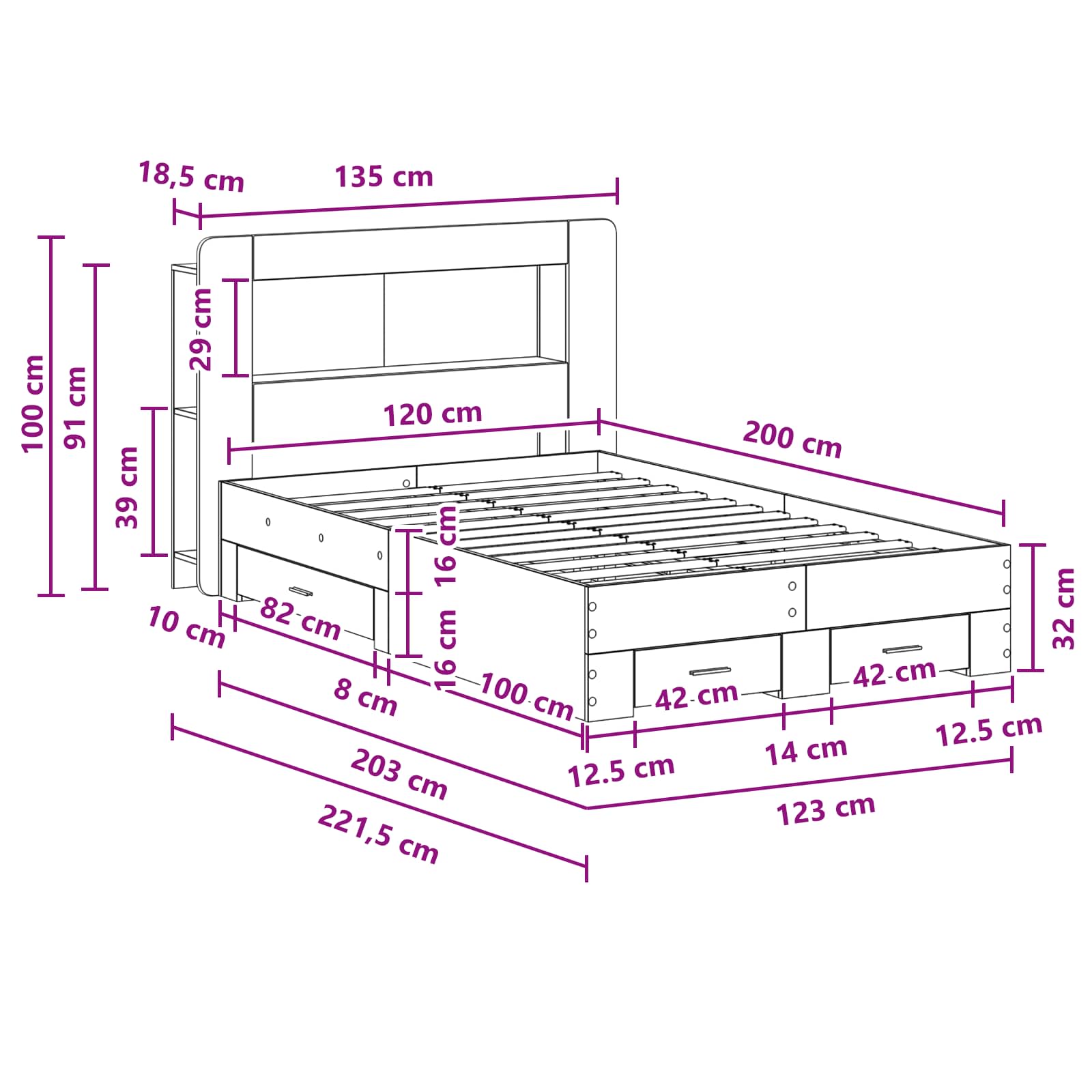Sengestel med opbevaring Sonoma-eg 120 x 200 cm Konstrueret træ