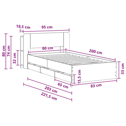 Sengestel med opbevaring Grå Sonoma 80 x 200 cm Konstrueret træ