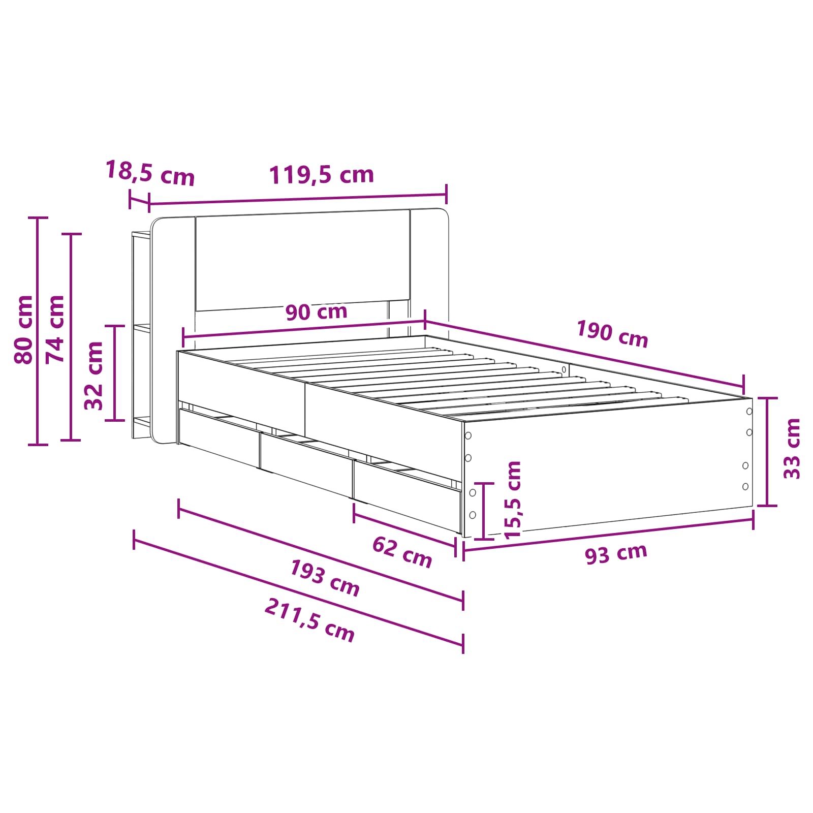 Sengestel med opbevaring Røget eg 90 x 190 cm Konstrueret træ