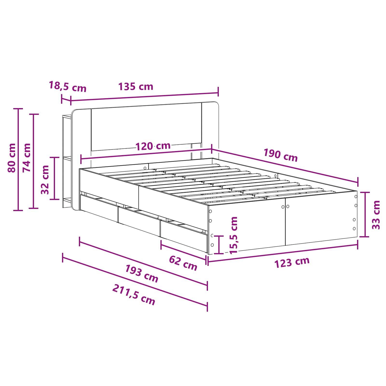 Sengestel med opbevaring Røget eg 120 x 190 cm Konstrueret træ