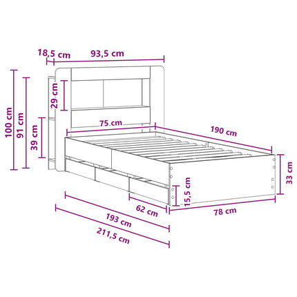 Sengestel med opbevaring Sonoma-eg 75 x 190 cm Konstrueret træ