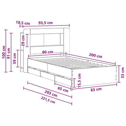 Sengestel med opbevaring og hovedgærde Sonoma-eg 80 x 200 cm