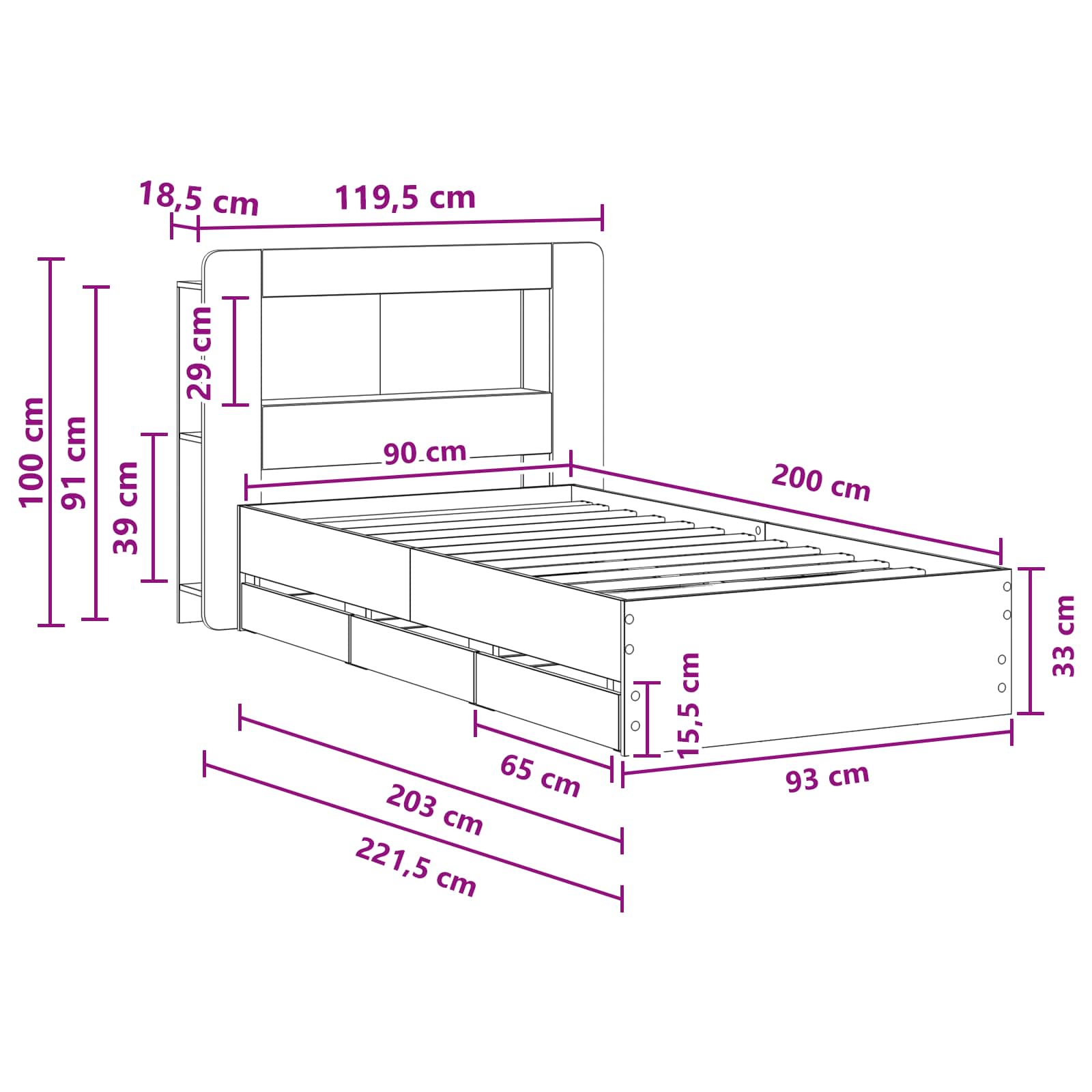 Sengestel med opbevaring Grå Sonoma 90 x 200 cm Konstrueret træ
