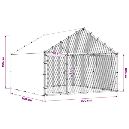 Hønsegård med tag Sølv 200 x 200 x 150 cm Galvaniseret stål