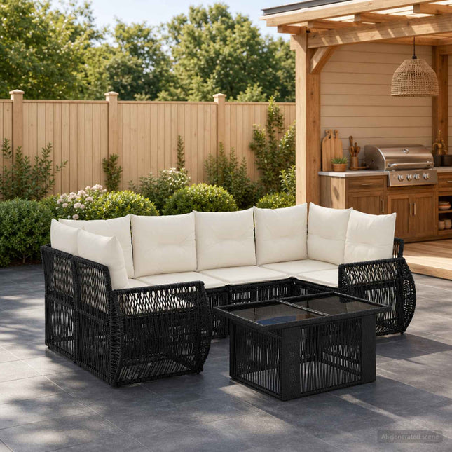 Havesofa Sæt 7 stk. Sort og Cremehvid polyrattan