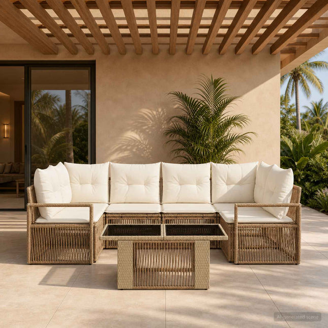 Havesofa Sæt 7 stk. Beige og cremehvid polyrattan