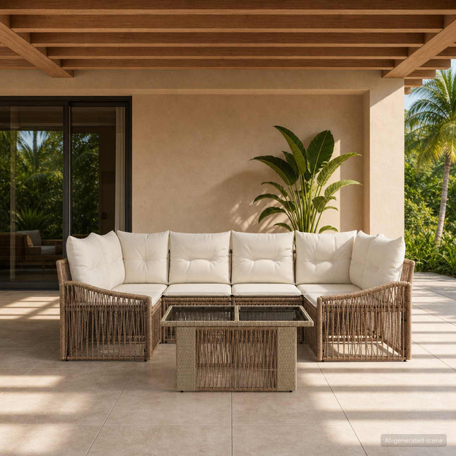 Havesofa Sæt 7 stk. Beige og cremehvid polyrattan