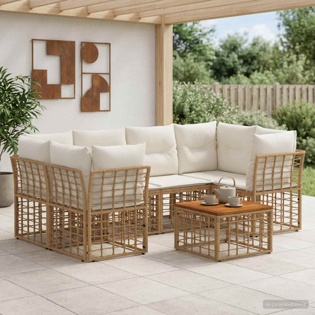 Udendørs sofagruppe 7 stk. Naturlig og Creme Hvid polyrattan