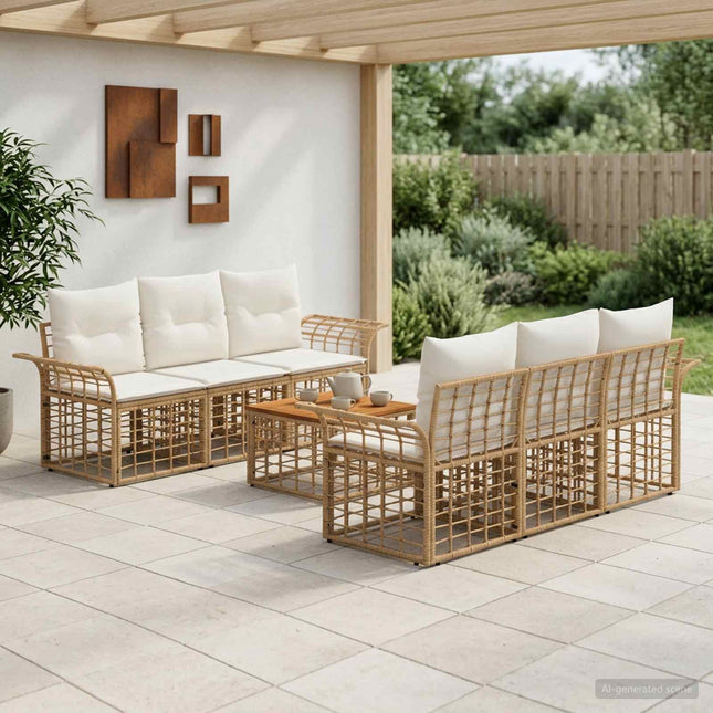 Udendørs sofagruppe 7 stk. Naturlig og Creme Hvid polyrattan