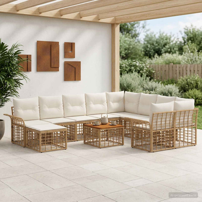 Udendørs sofagruppe 11 stk. Naturlig og Creme Hvid polyrattan