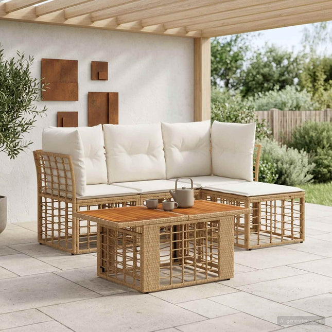 Havesofa Sæt 5 stk. Naturlig og Creme Hvid polyrattan