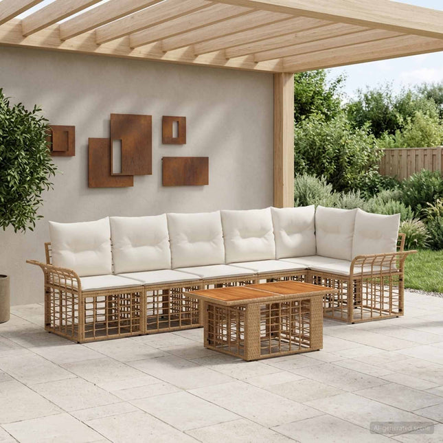 Havesofa Sæt 7 stk. Naturlig og Creme Hvid polyrattan