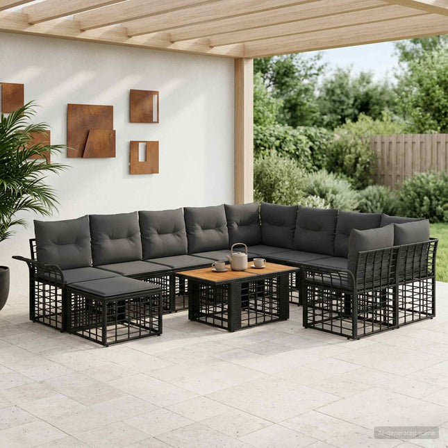 Havesofa Sæt 11 stk. Sort og Mørkegrå polyrattan