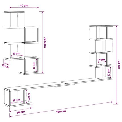 Væghængt TV-hylde Sort eg 160 x 15 x 94 cm Konstrueret træ