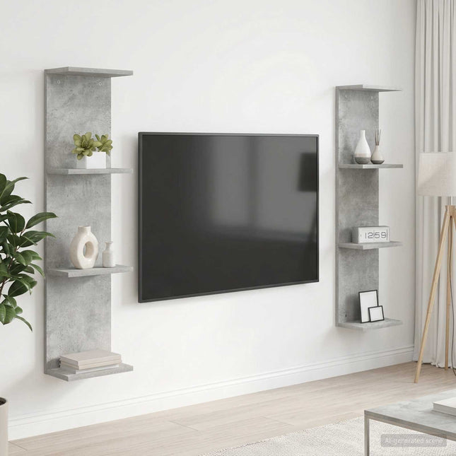 Væghylde 2 stk. Betongrå 25 x 15 x 100 cm Konstrueret træ