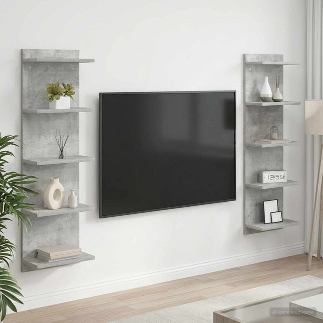 Væghylde 2 stk. Betongrå 30 x 15 x 100 cm Konstrueret træ