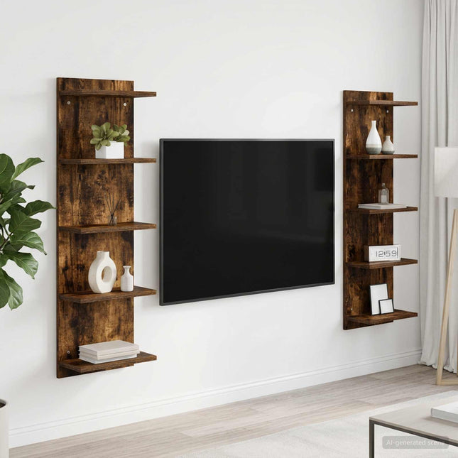 Væghylde 2 stk. Røget eg 30 x 15 x 100 cm Konstrueret træ