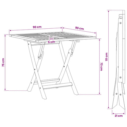 Sammenklappeligt havebord Naturfarvet 90 x 90 x 75 cm