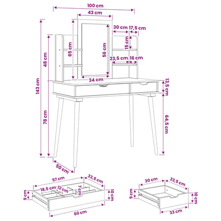 Makeupbord Sæt FAUSKE 4 pcs Hvid 100 x 50 x 143 cm