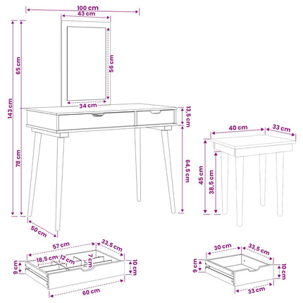 Makeupbord Sæt FAUSKE 3 pcs Hvid 100 x 50 x 143 cm
