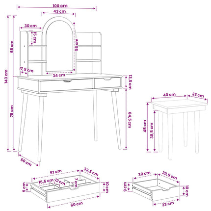 Makeupbord Sæt FAUSKE 5 pcs Hvid 100 x 50 x 143 cm