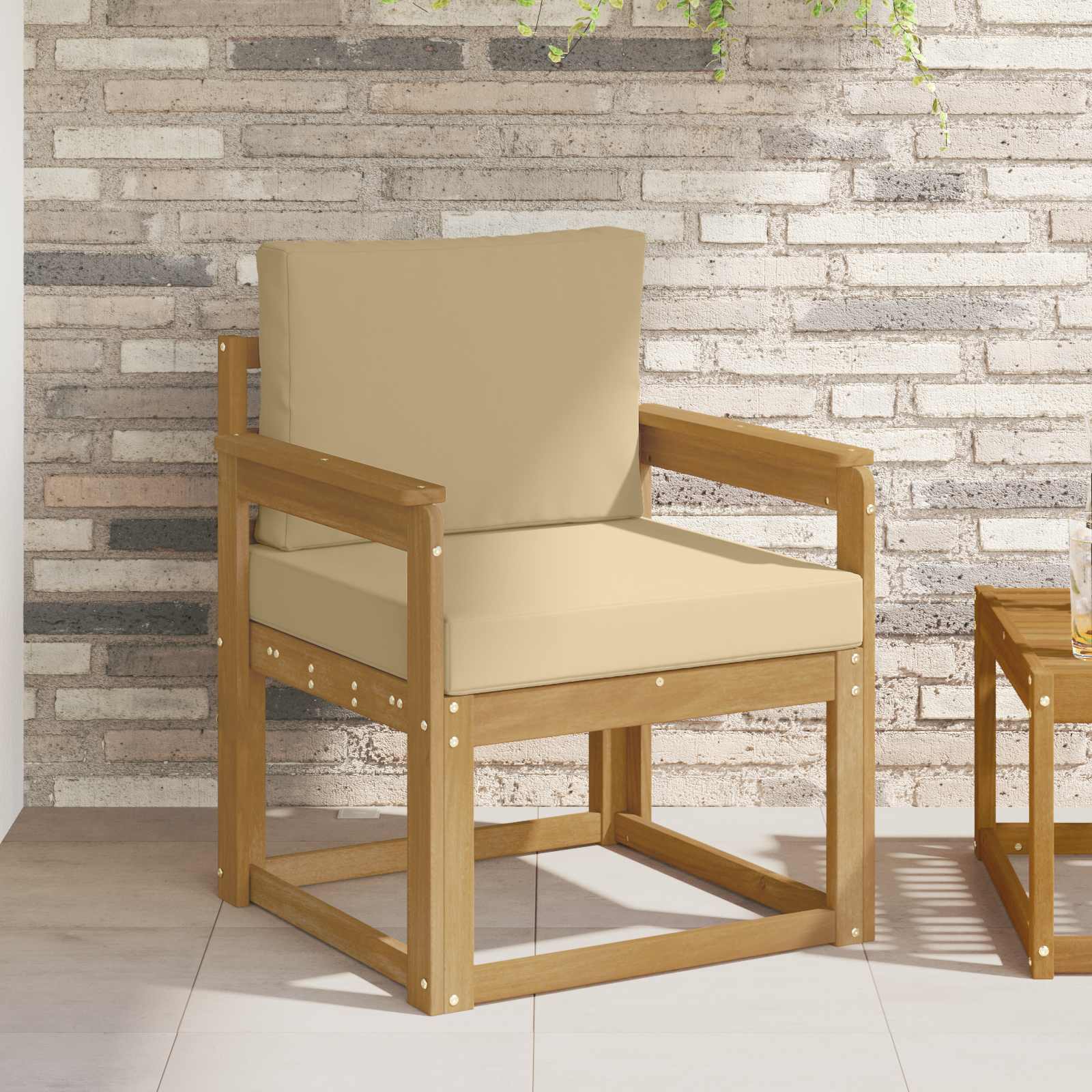 Udendørs loungestol i massivt akacietræ - hvid/beige puder (modul, 1 plads)