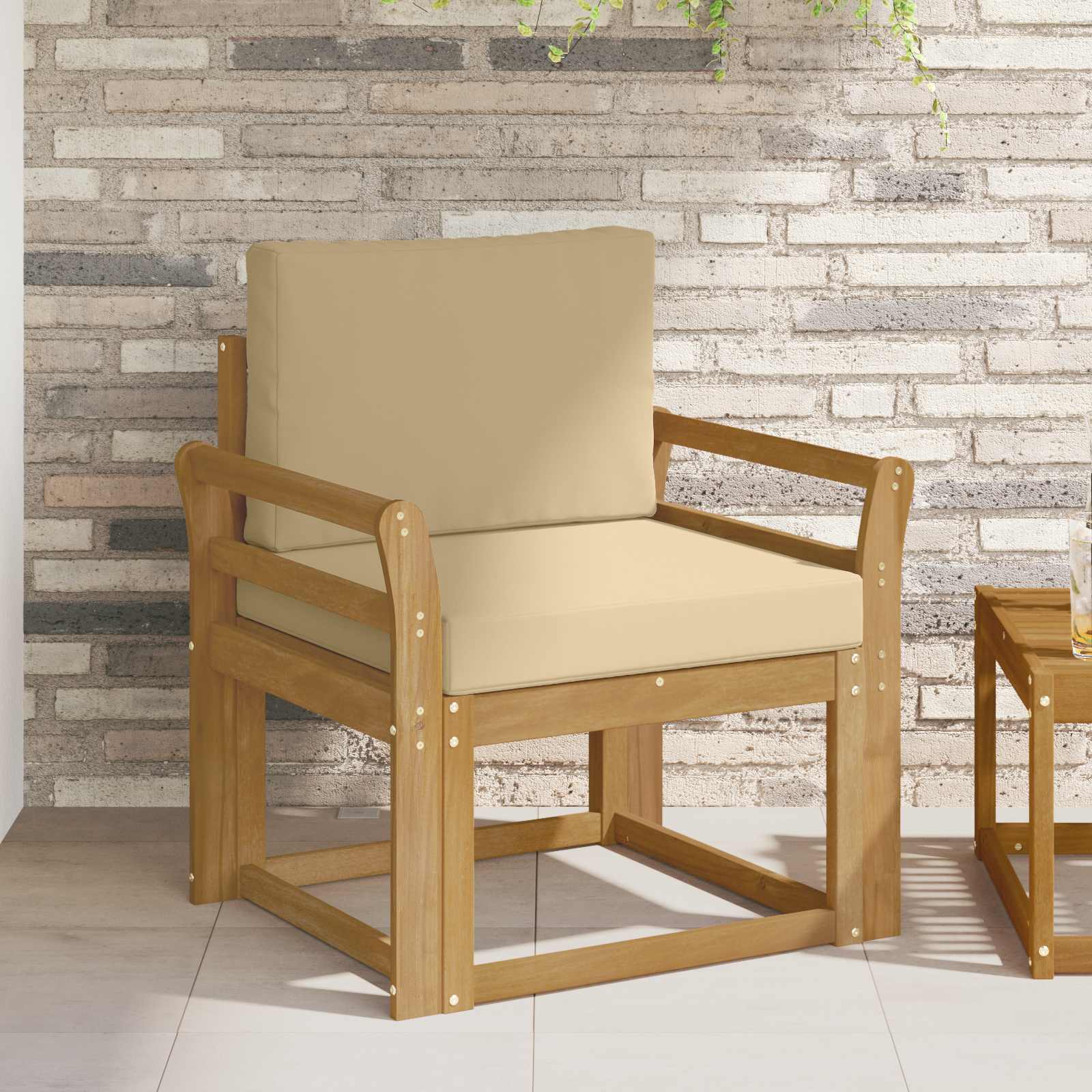 Udendørs loungesofa i massivt akacietræ - hvid/beige, modulær 1-pers.
