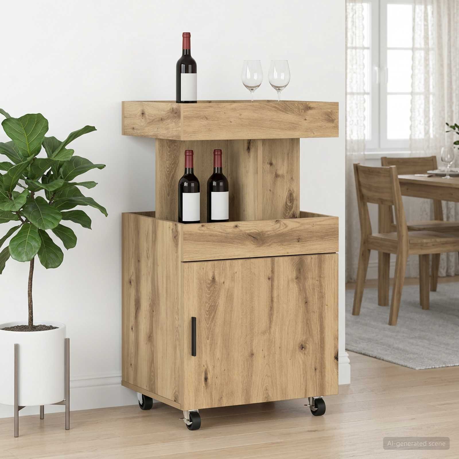 Barvogn i artisan-eg 50 x 41 x 89 cm med hjul og opbevaring