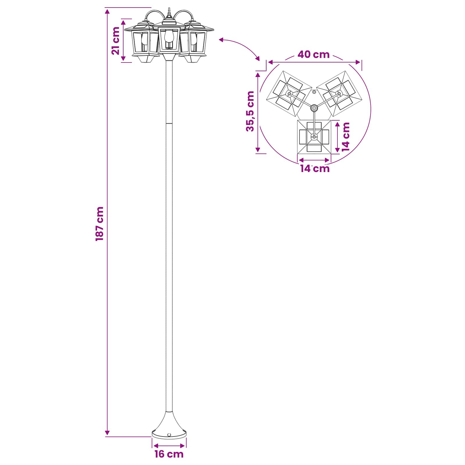3-hoved lampepost with LED Bulb Sort 16 x 16 x 187 cm