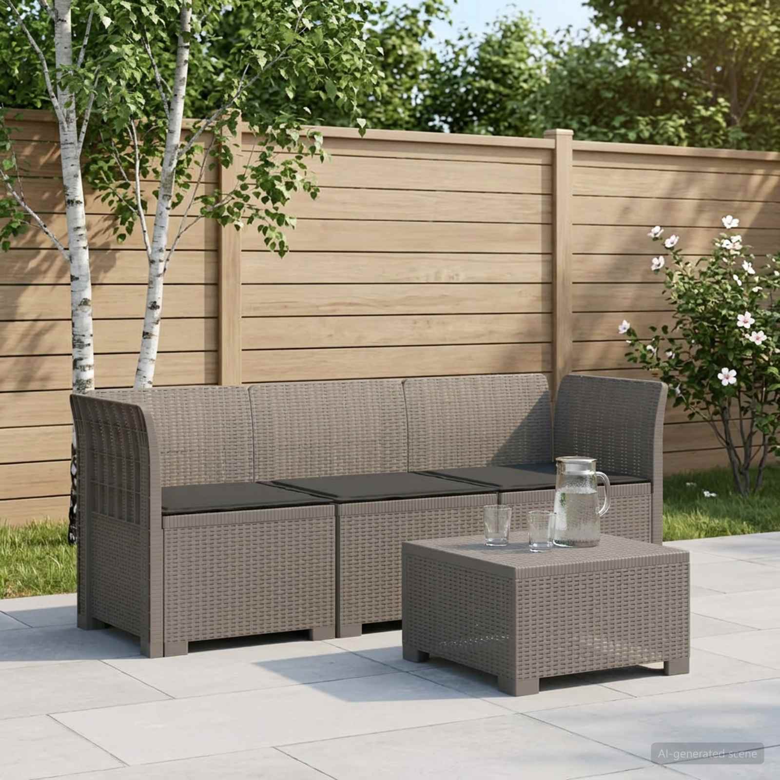 3-personers havensofa med puder i rattanlook PP Lysegr