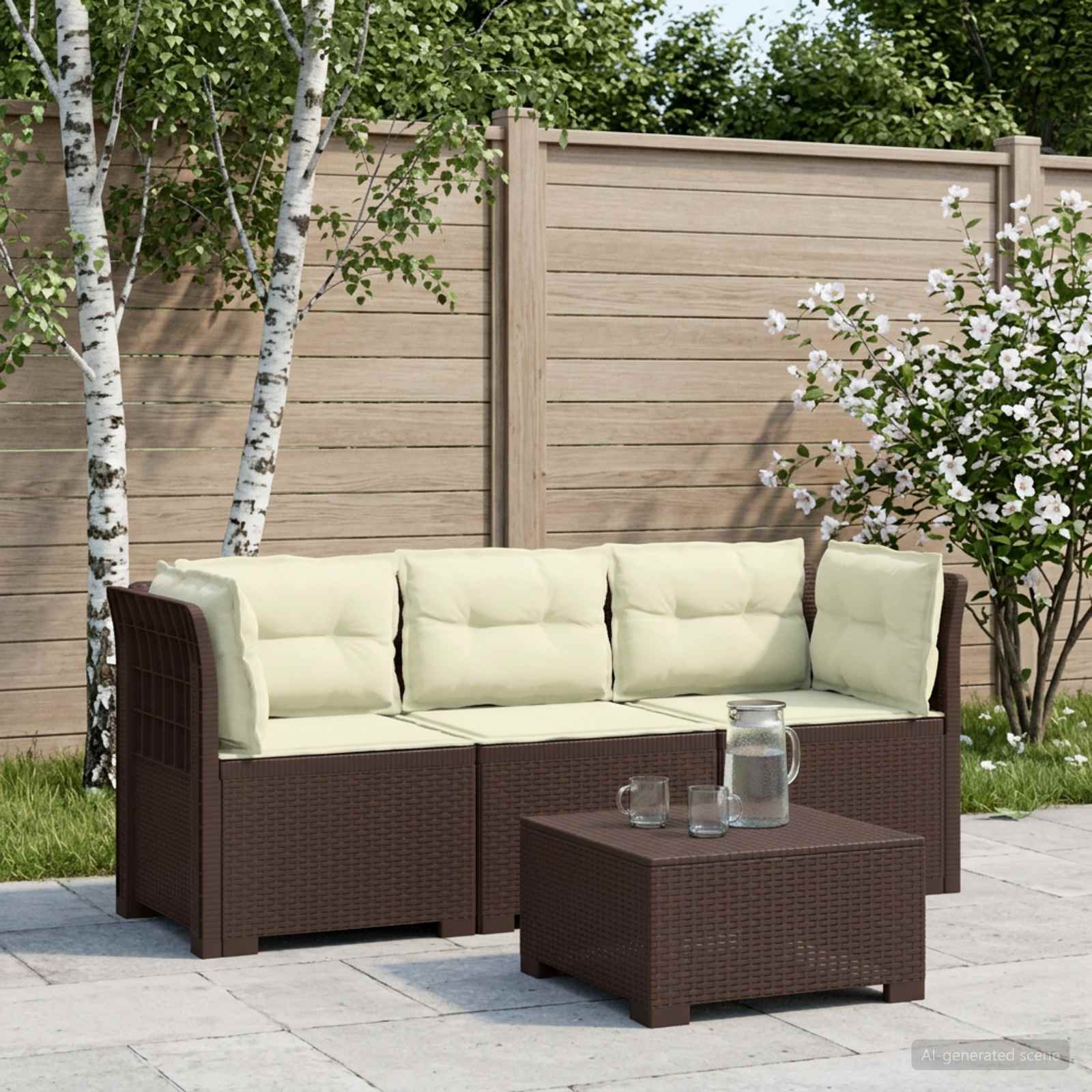 vidaXL 3-personers havensofa med puder i rattanlook PP Brun