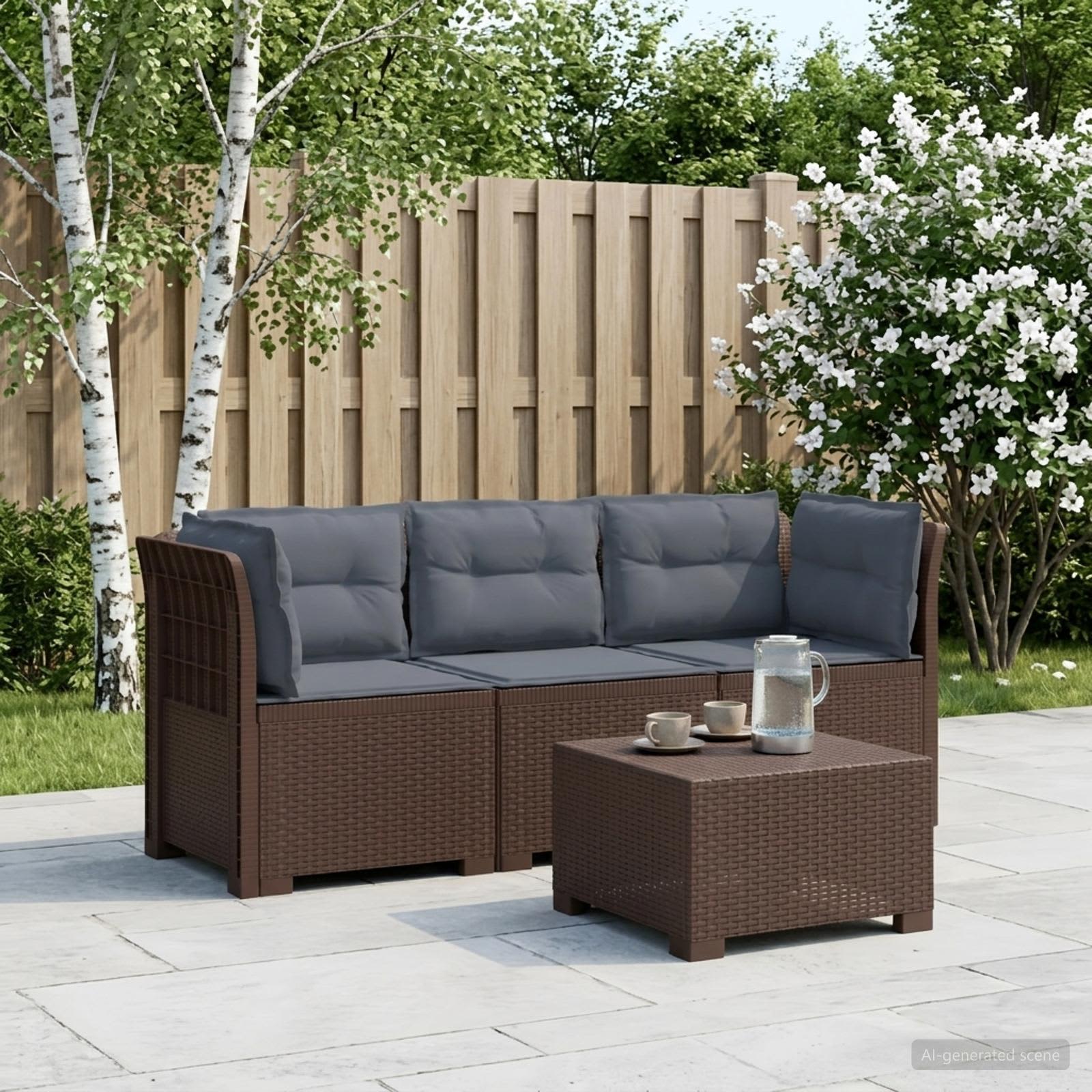 3-personers havensofa med puder i rattanlook PP Brun