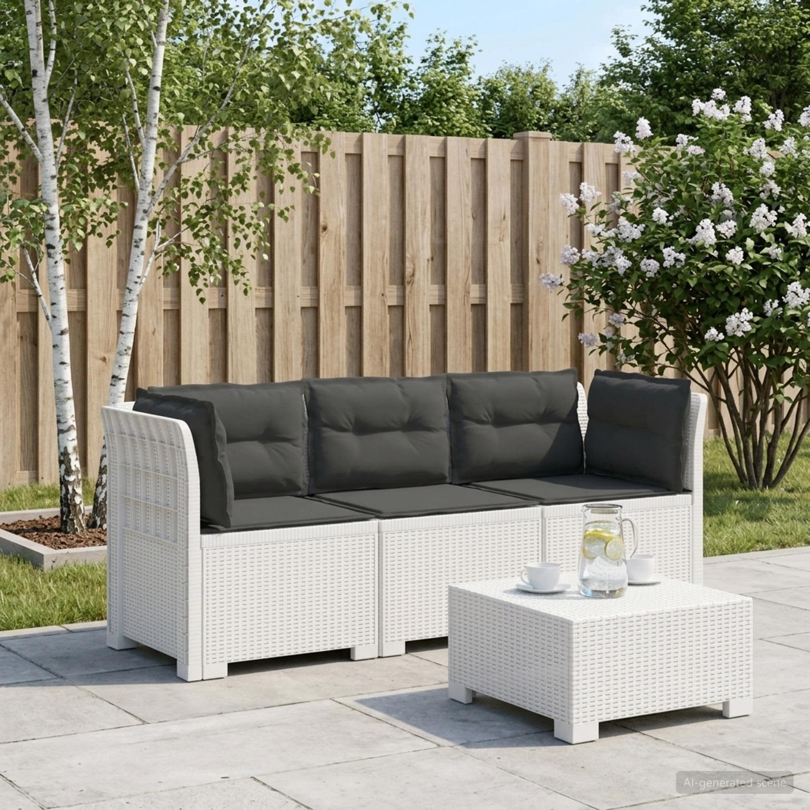 3-personers havensofa i rattanlook med puder, PP hvid/antracit