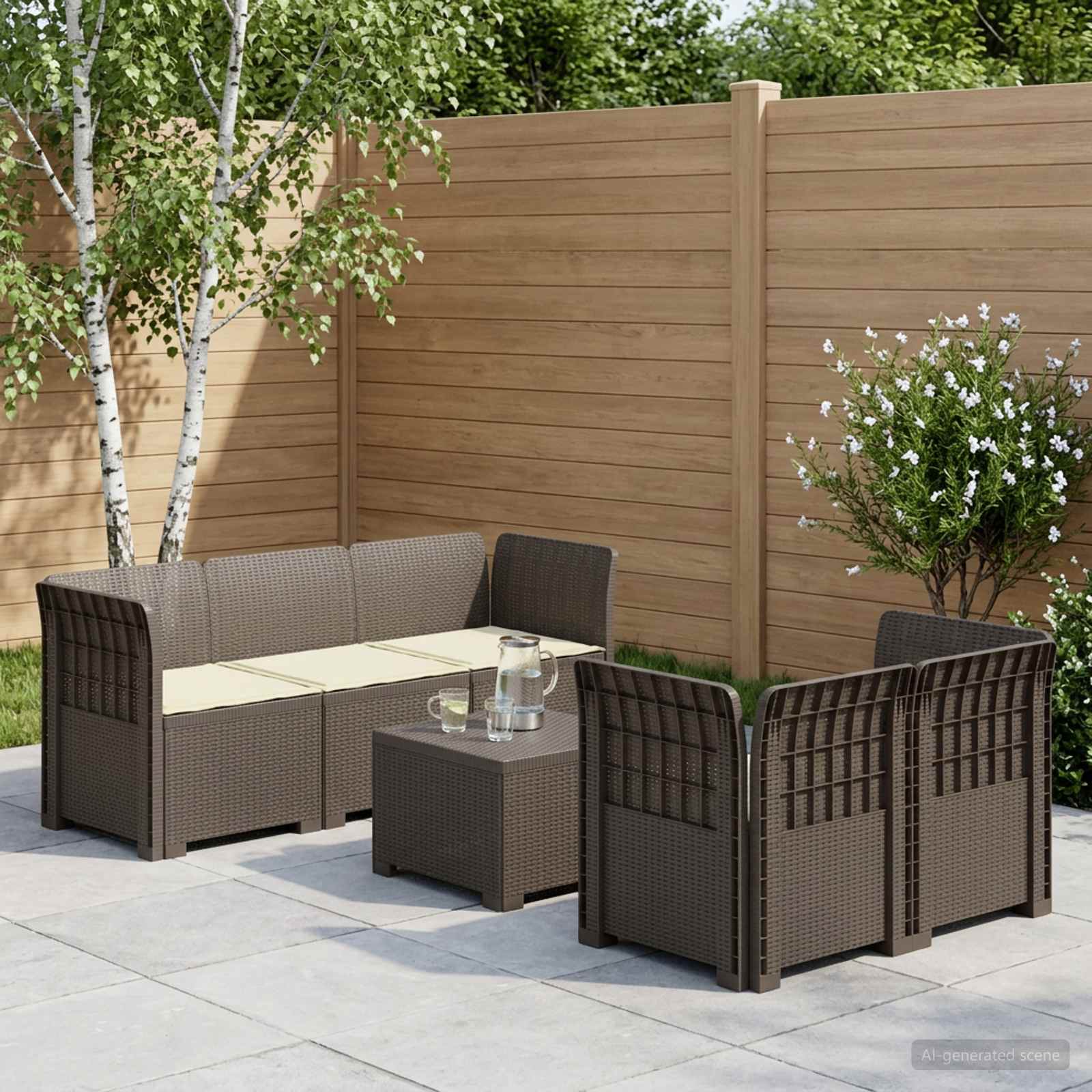 5-personers Havembel Sofa med Hynder Rattan Look PP Lysegr