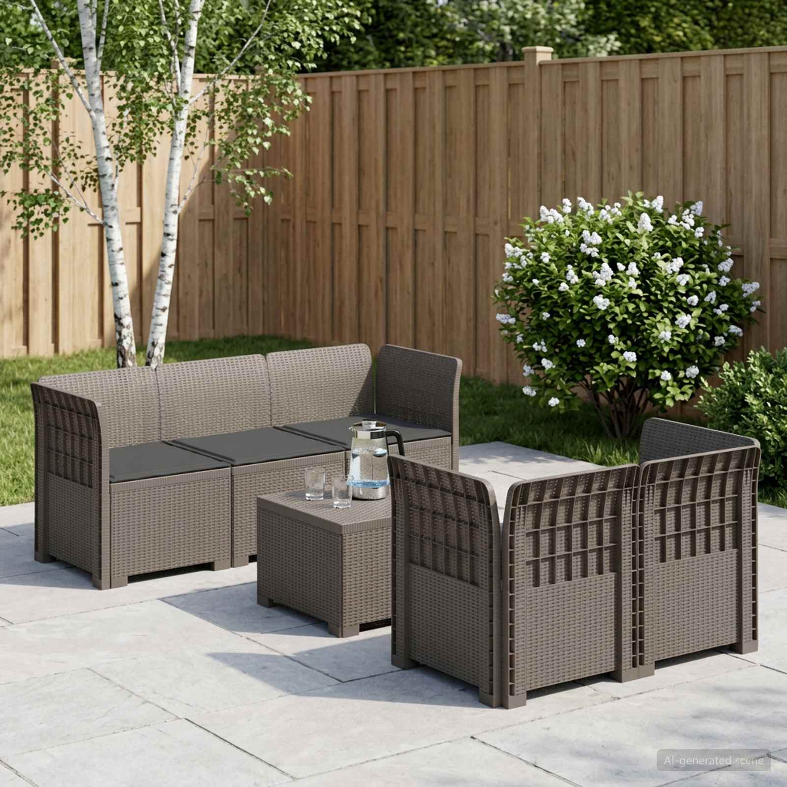 5-personers Havembel Sofa med Hynder Rattan Look PP Lysegr