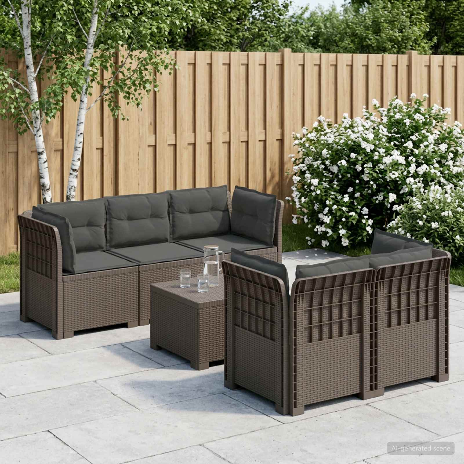 5-personers Havembel Sofa med Hynder Rattan Look PP Lysegr