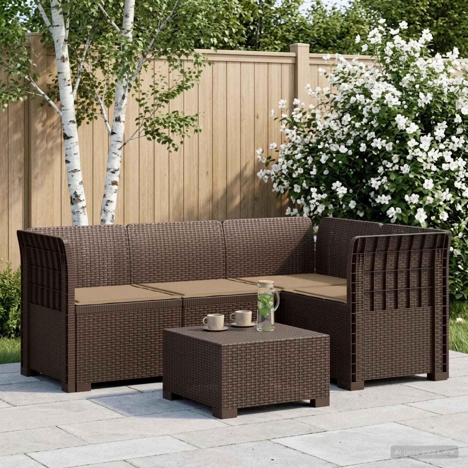 4-Persons Have Sofa med Puder Rattan Look PP Brun