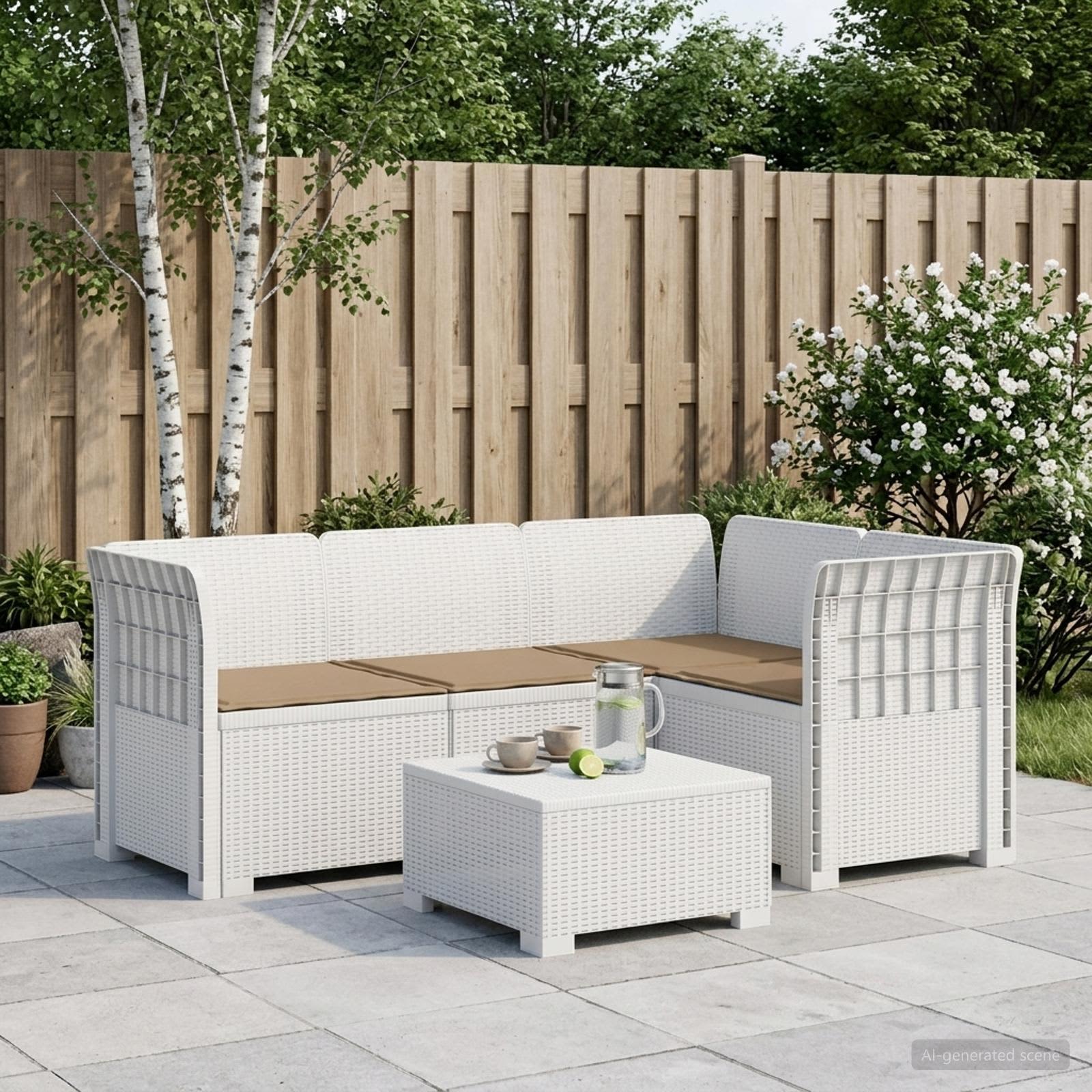 4-Persons Have Sofa med Puder Rattan Look PP Hvid