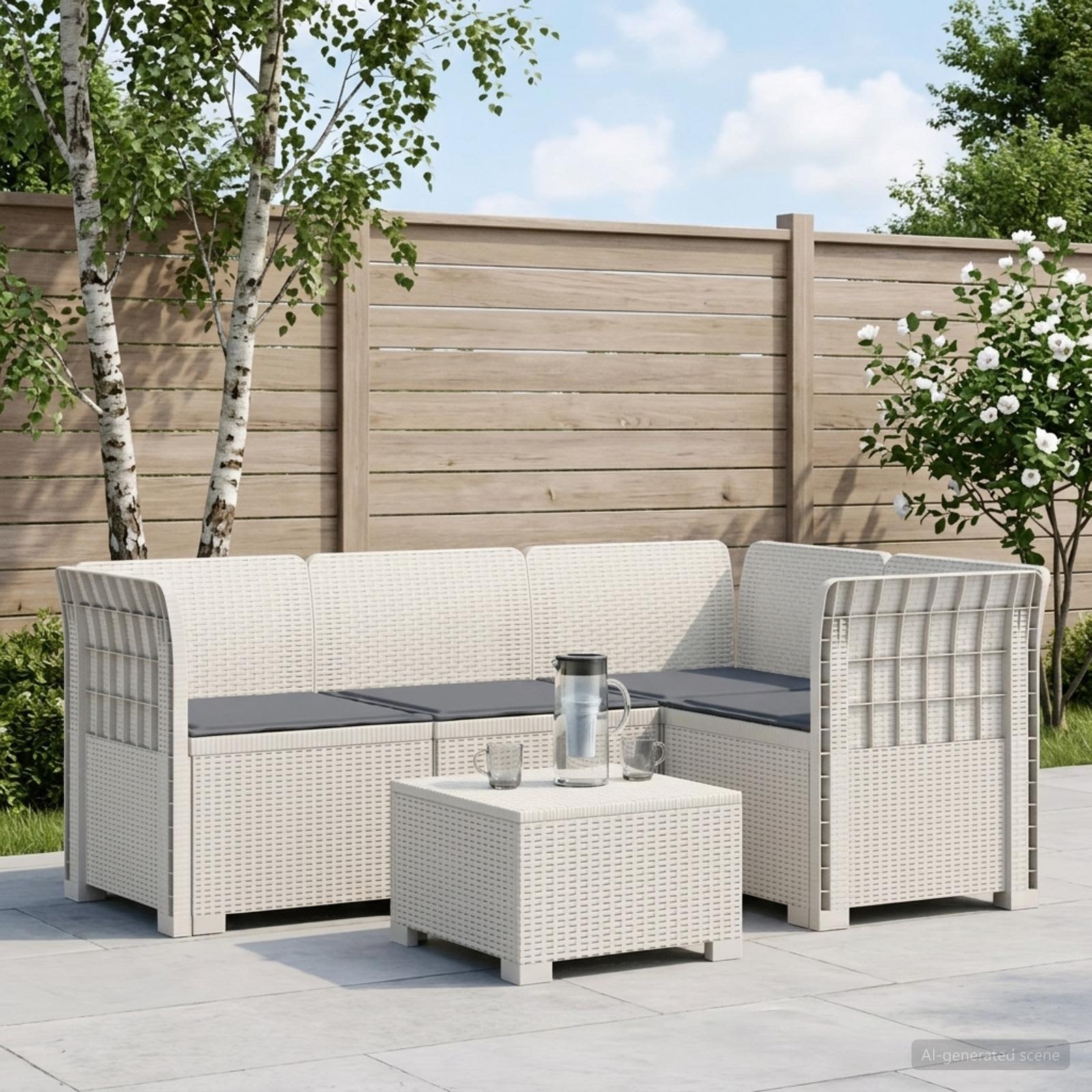 4-Persons Have Sofa med Puder Rattan Look PP Hvid