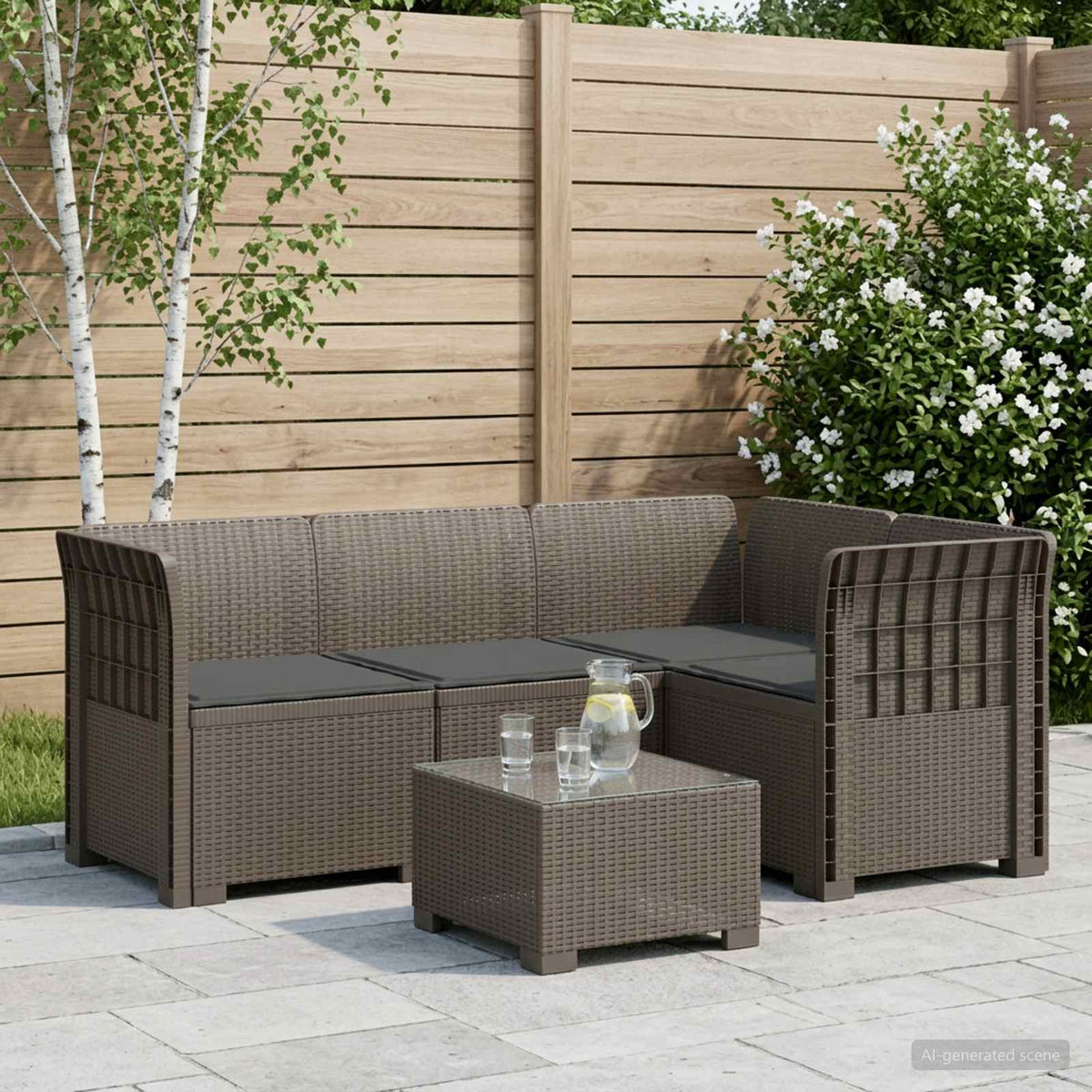 4-Persons Have Sofa med Puder Rattan Look PP Lysegr