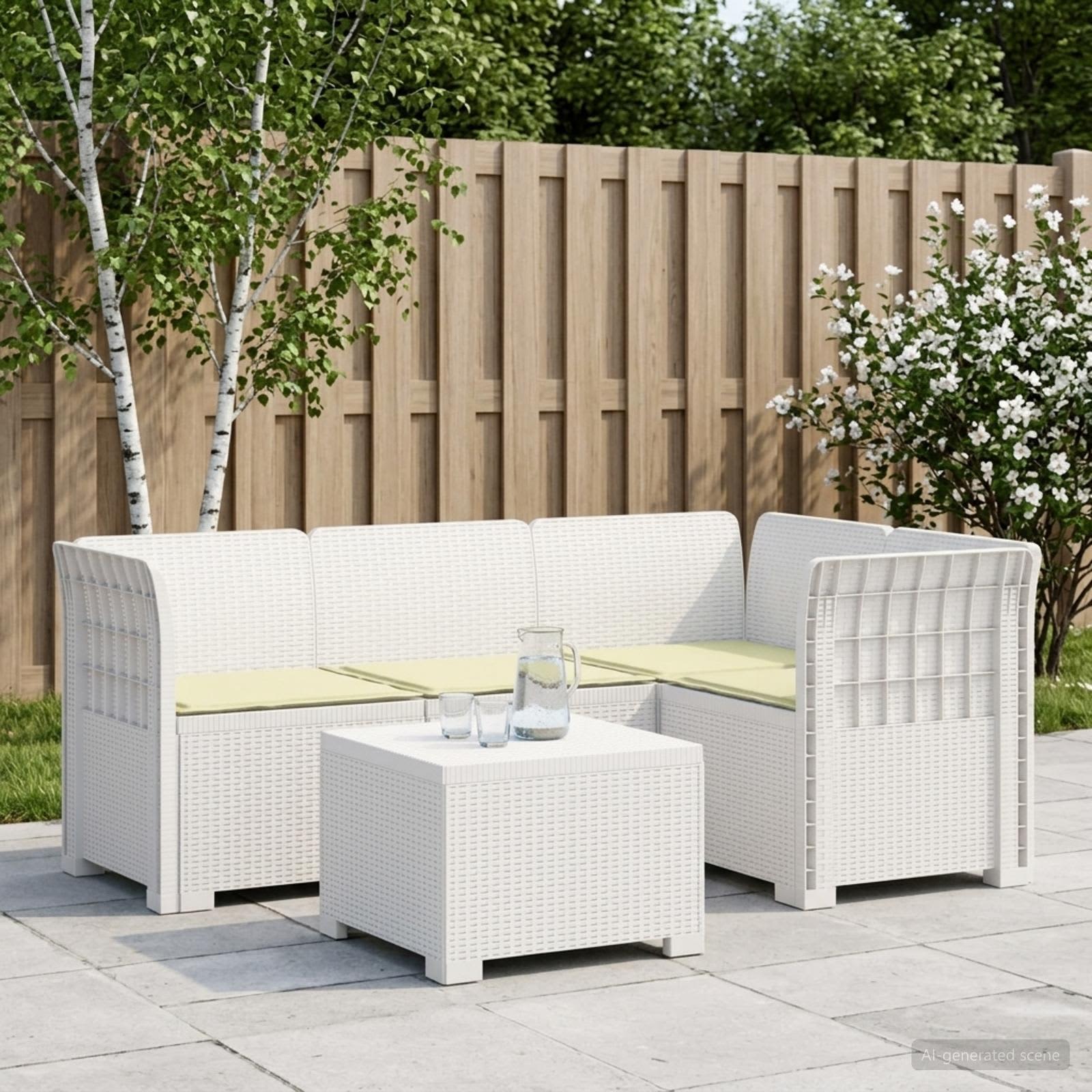 4-personers Have Sofa med Hynder Rattan Look PP Hvid